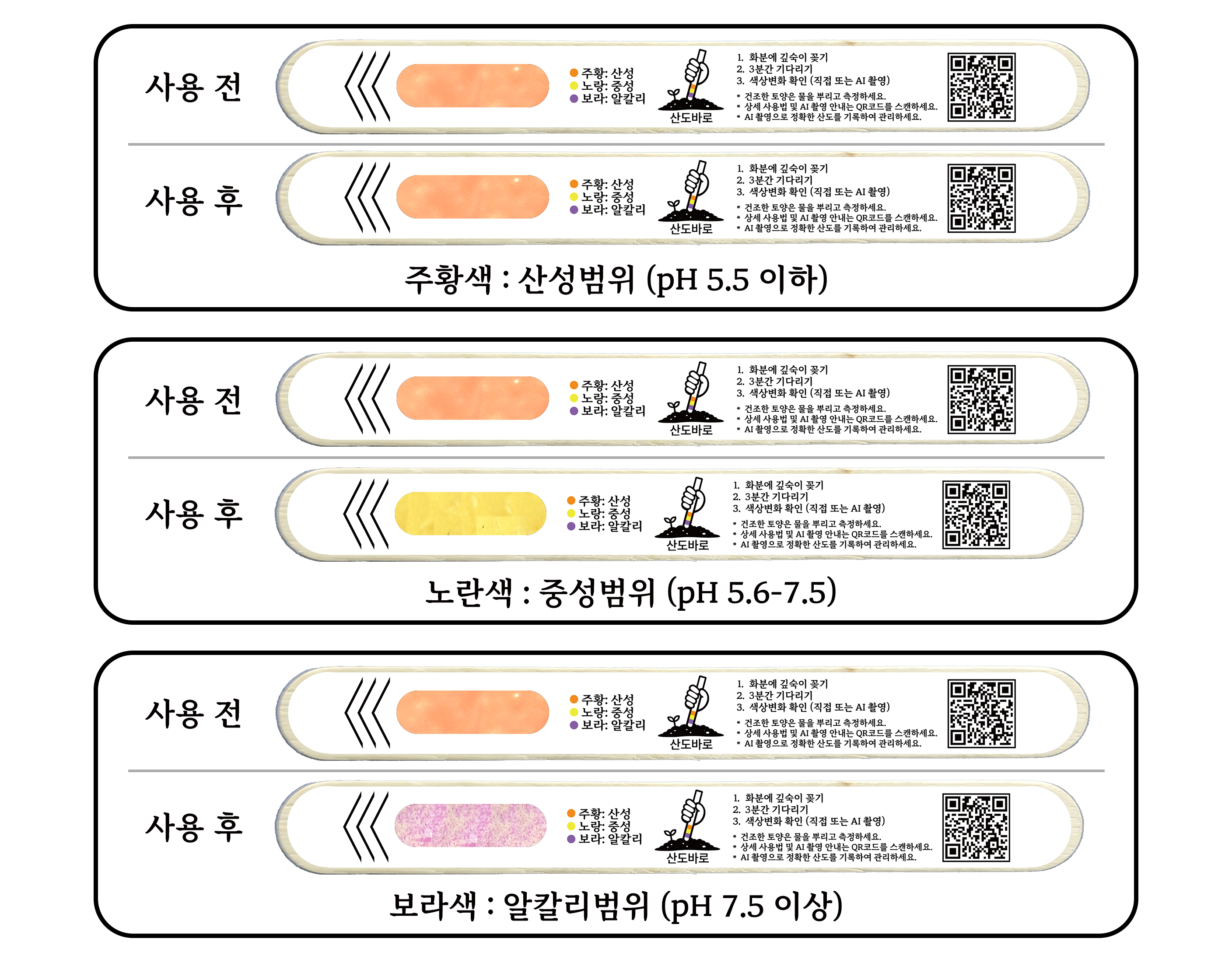 사용 전후 스틱 색 변화 예시: 주황색 산성, 노란색 중성, 보라색 알칼리성